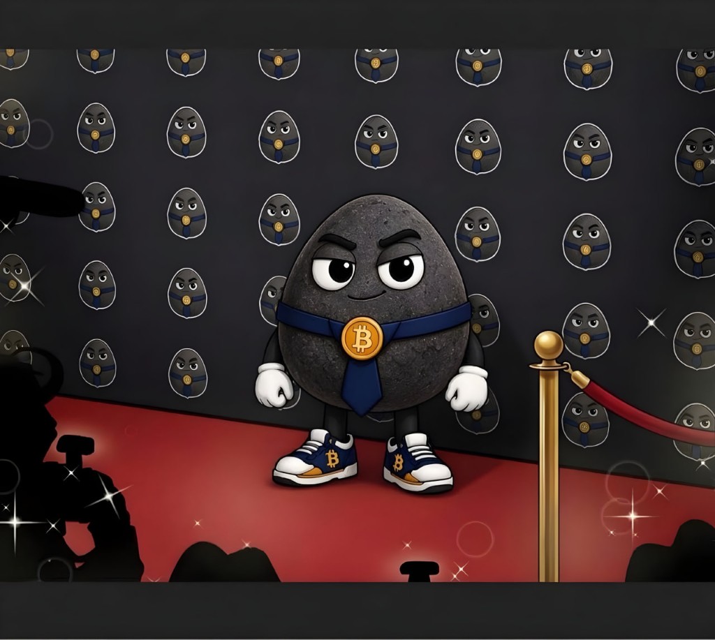 The rock on a red carpet in a navy Bitcoin tie with cameras in the dark