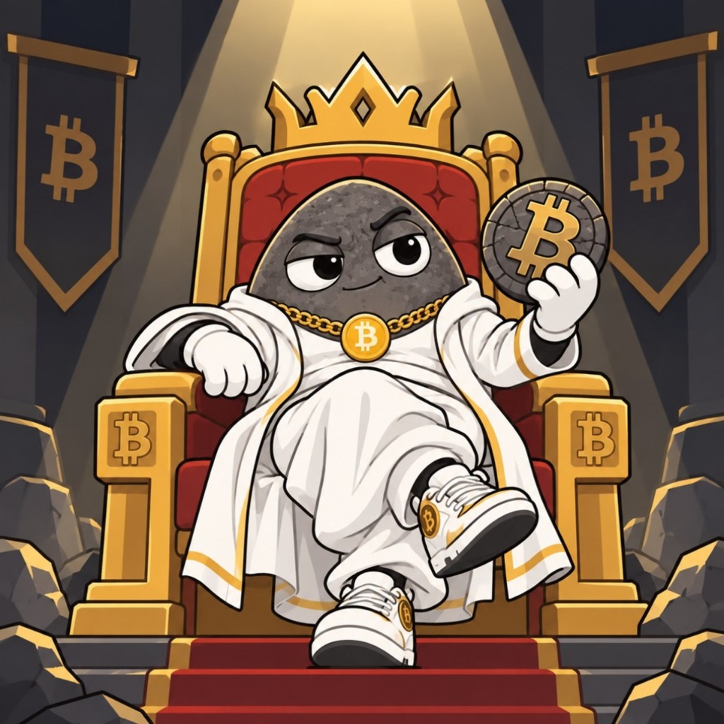 The rock in a white robe on a gold Bitcoin throne holding a Bitcoin coin