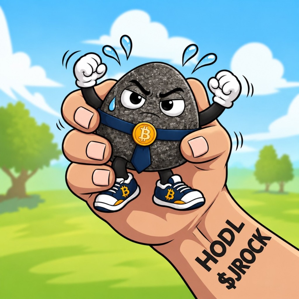 A giant hand squeezing the rock with HODL $JROCK tattooed on the wrist