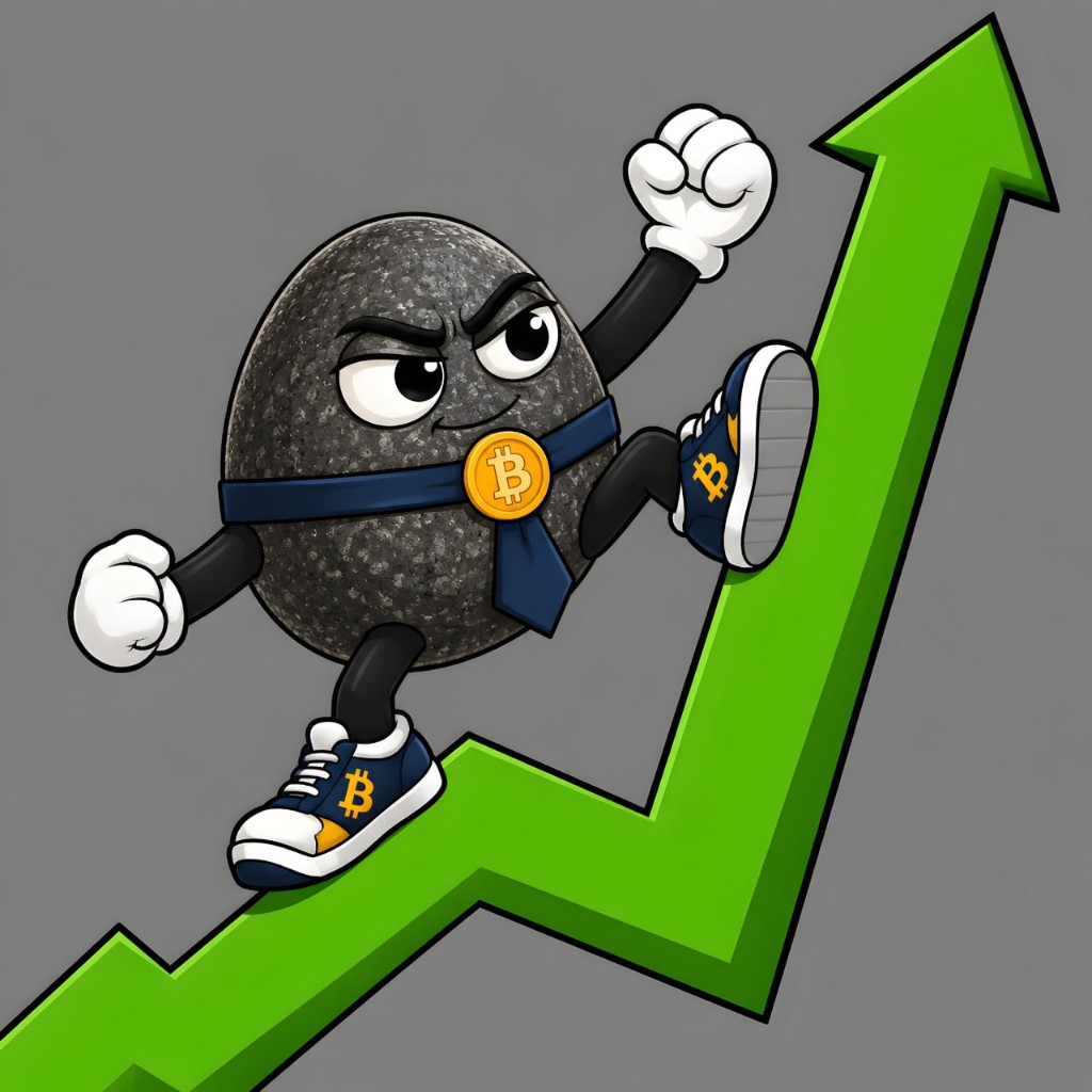The rock walking up a giant green chart arrow in Bitcoin sneakers