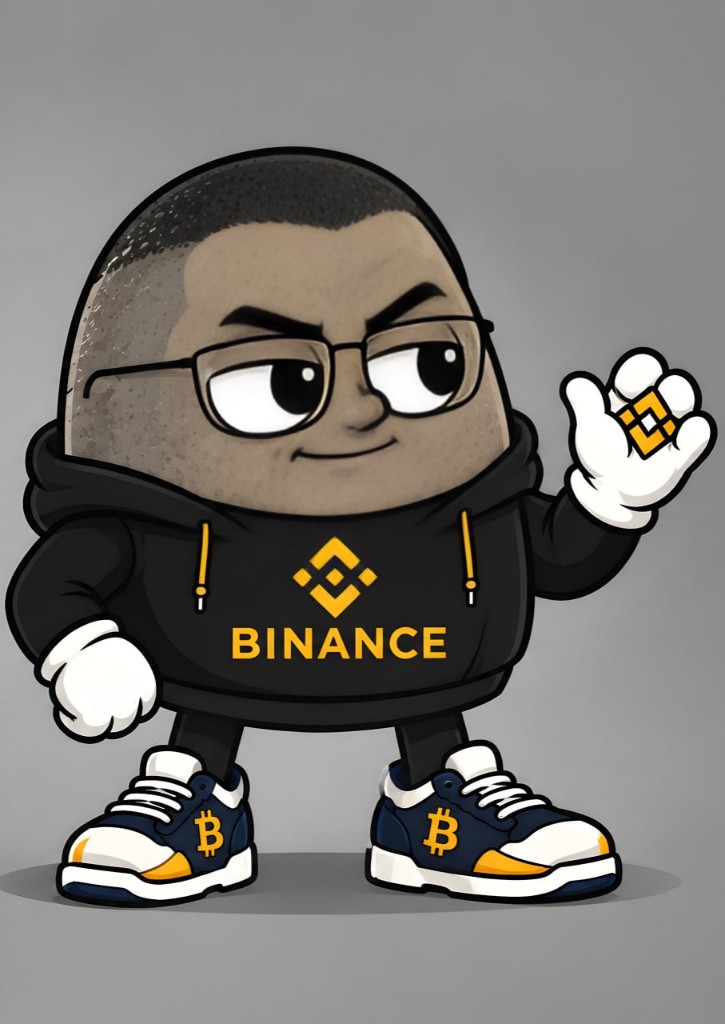 The rock wearing glasses and a black Binance hoodie, holding a small yellow logo