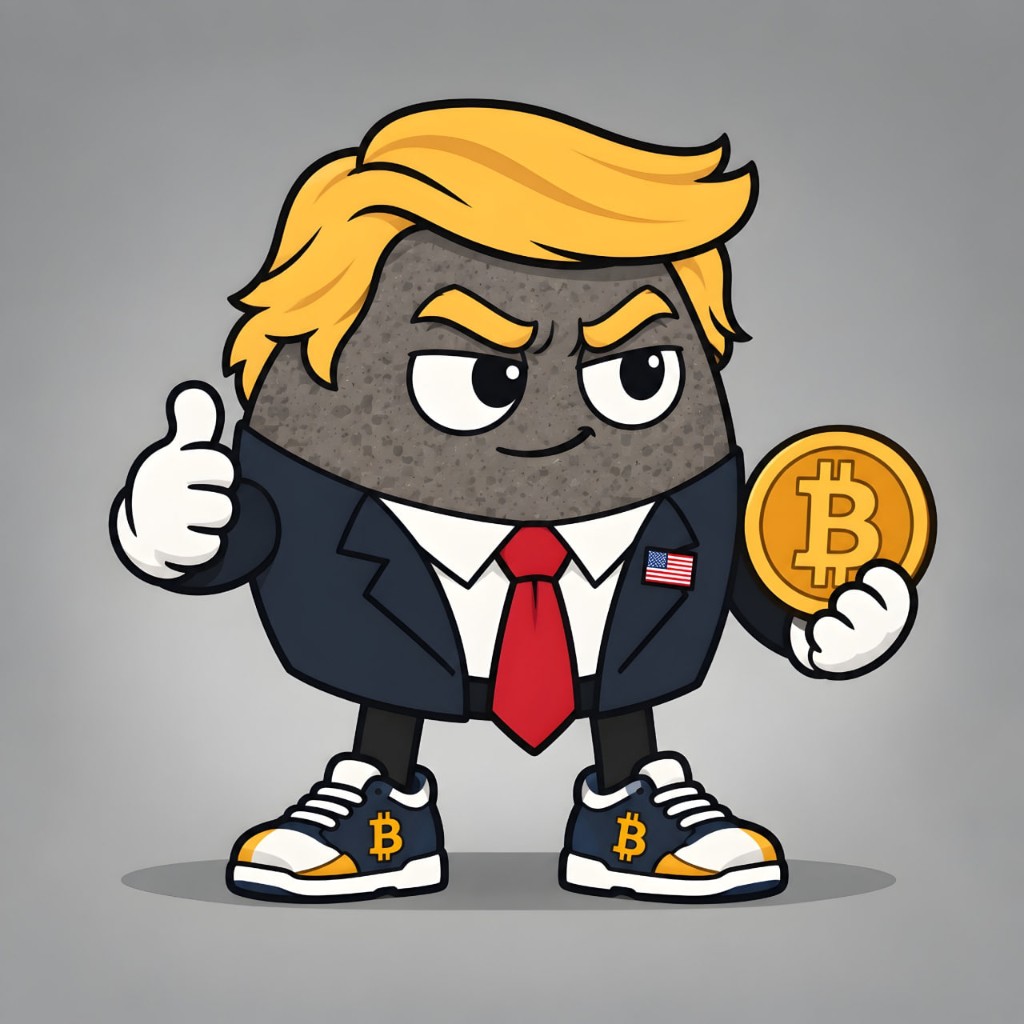 The rock with blonde hair in a navy suit holding a Bitcoin coin and giving a thumbs up