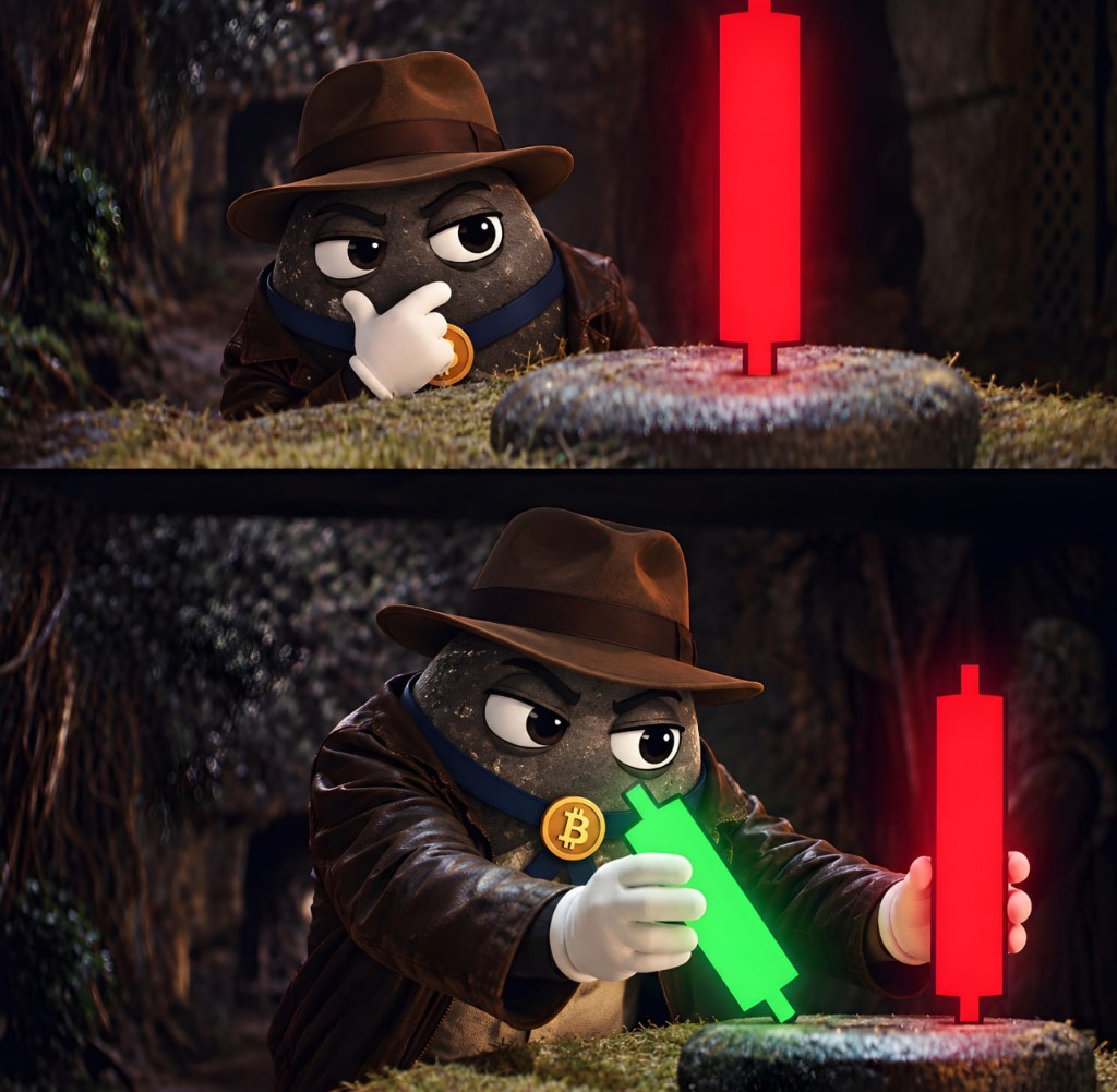 Two-panel detective rock inspecting a red candle, then swapping in a green candle
