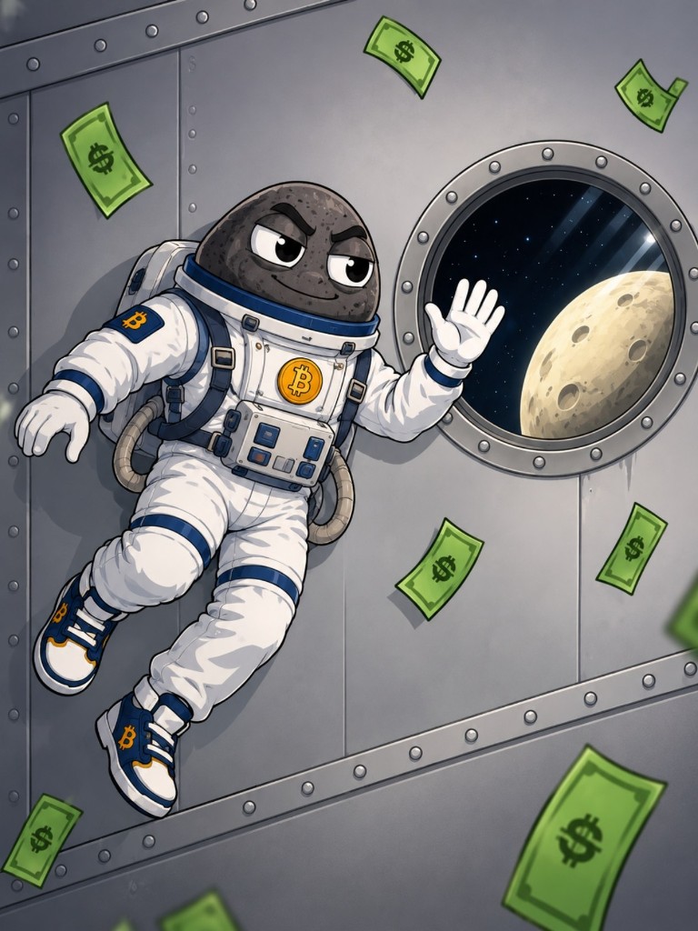 The rock in a white astronaut suit floating past dollar bills and waving at the moon