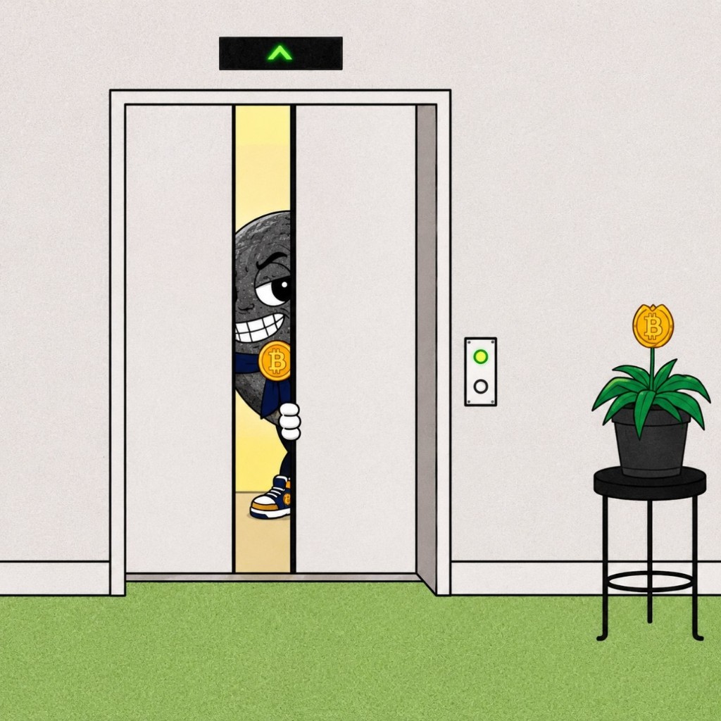 The rock grinning from a closing elevator beside a Bitcoin tulip