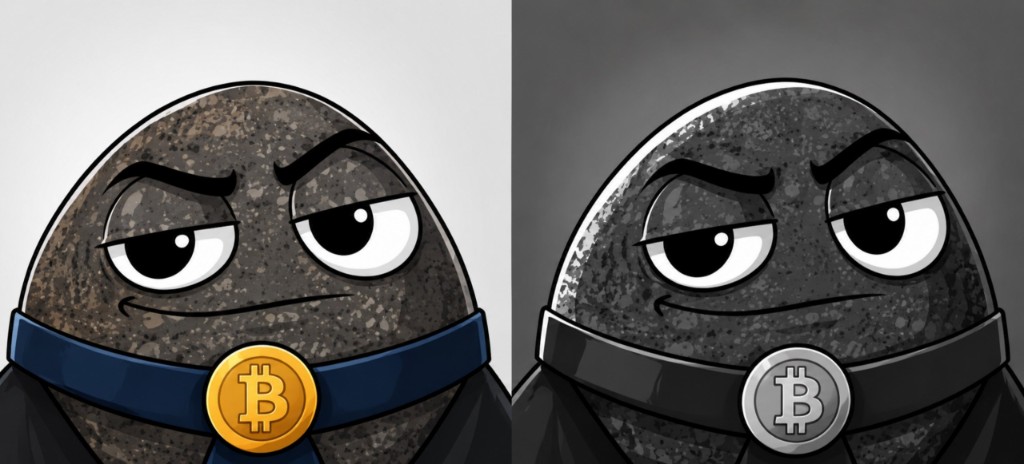 Split portrait of the rock in color with a gold Bitcoin pin and in black and white with a silver pin