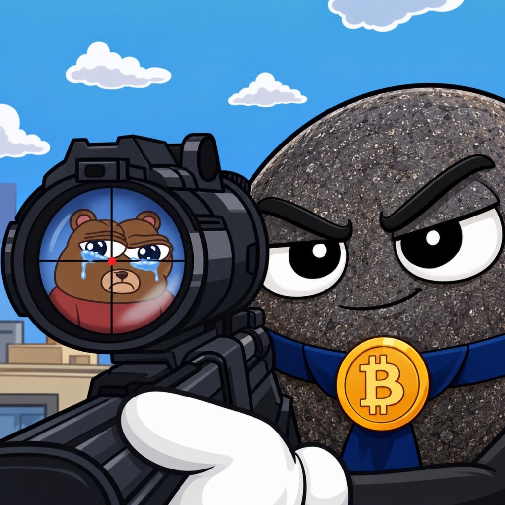 The rock aiming a scope at a crying bear on a blue-sky background