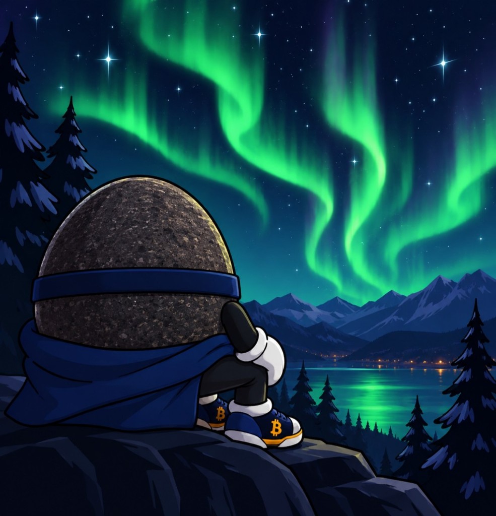 The rock sitting on a cliff in a navy scarf watching the northern lights