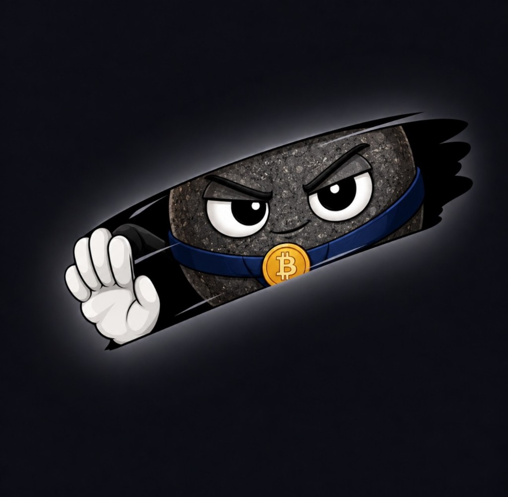 The rock peeking through a hole in the dark with a Bitcoin tie