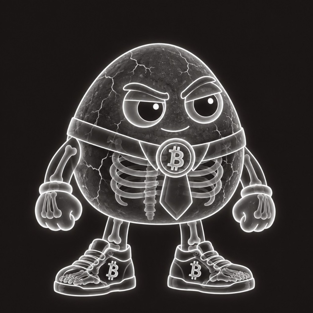 X-ray of the rock showing a glowing skeleton, Bitcoin tie, and sneakers