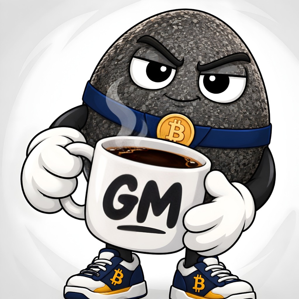 The rock holding a steaming coffee mug that says GM