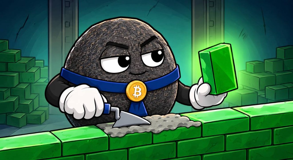 The rock laying glowing green bricks with a trowel and holding a green block