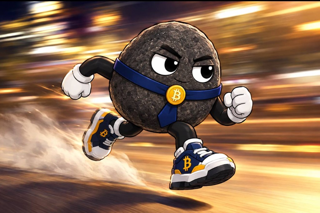 The rock sprinting in Bitcoin sneakers with a city streaking behind it