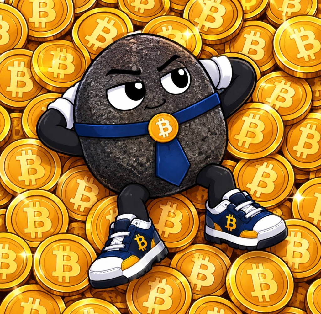 The rock reclining on a pile of gold Bitcoin coins with hands behind its head