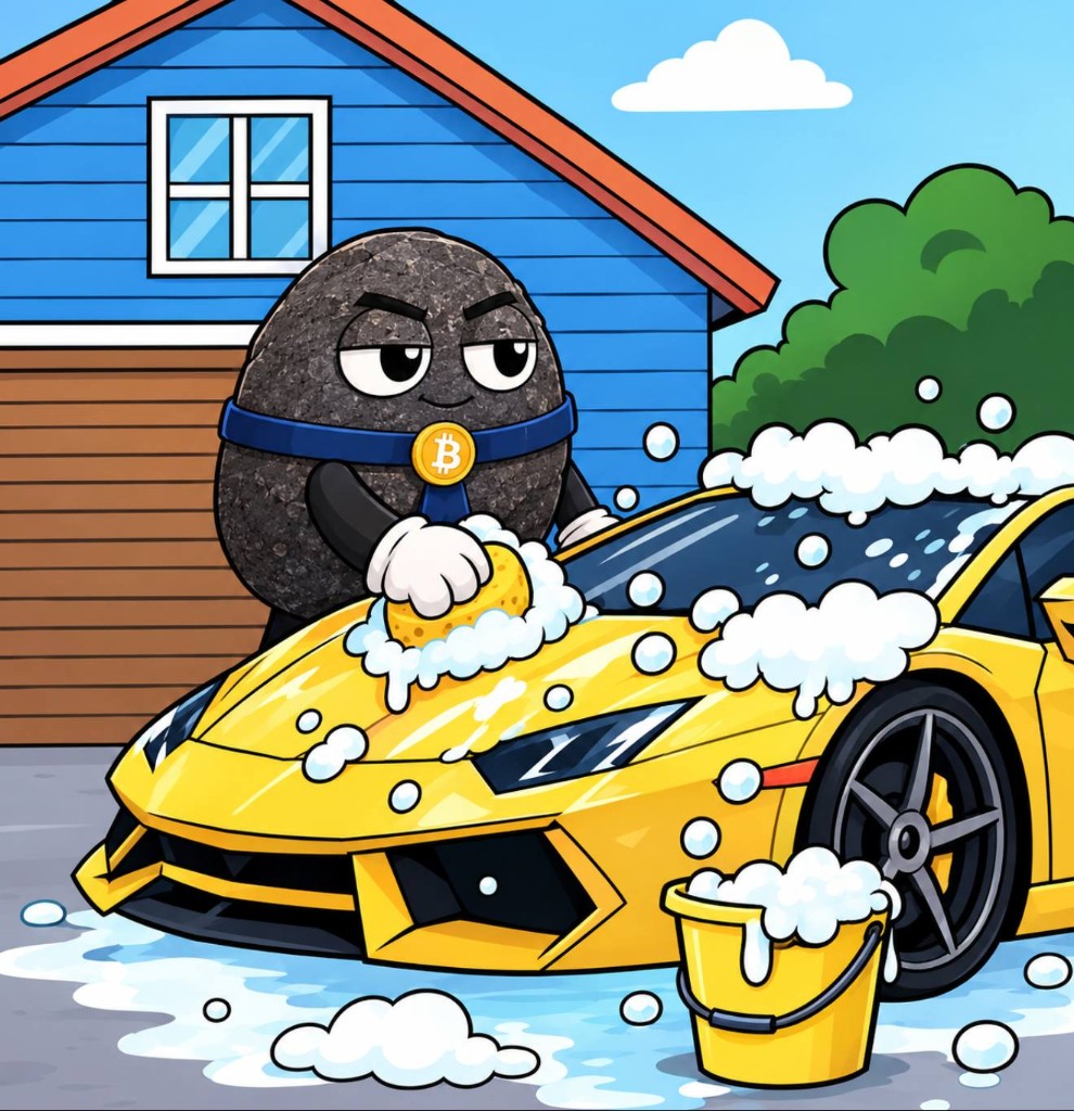 The rock washing a yellow Lamborghini with a sponge and a soapy yellow bucket