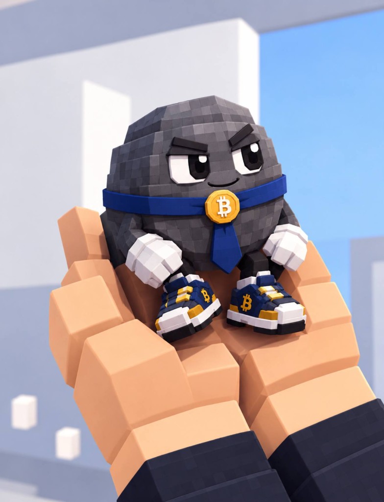 A voxel pet rock sitting in a giant pixelated hand wearing a Bitcoin tie and sneakers