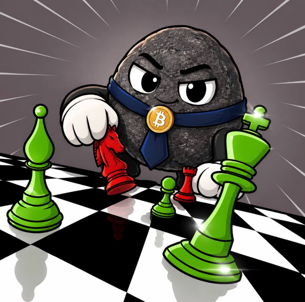 The rock on a chessboard holding a red knight with green kings around it