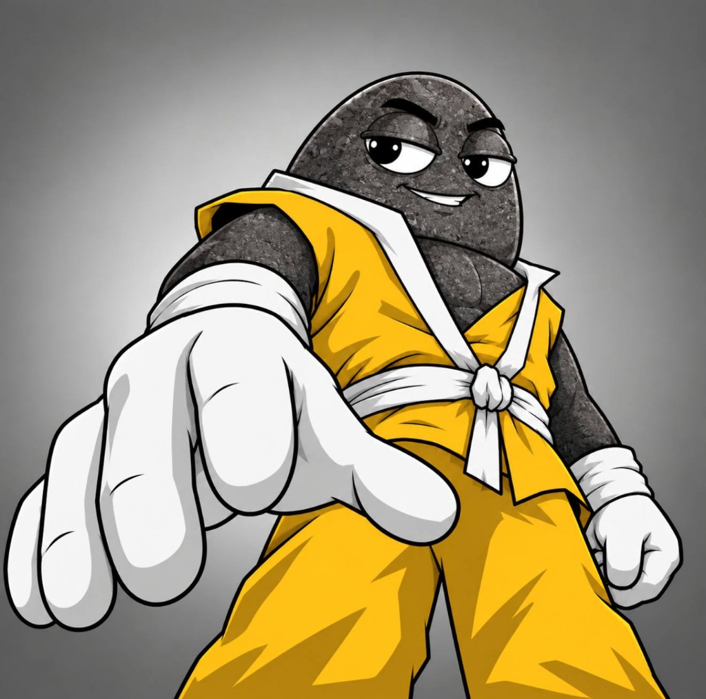The rock in a yellow martial arts gi pointing at the camera