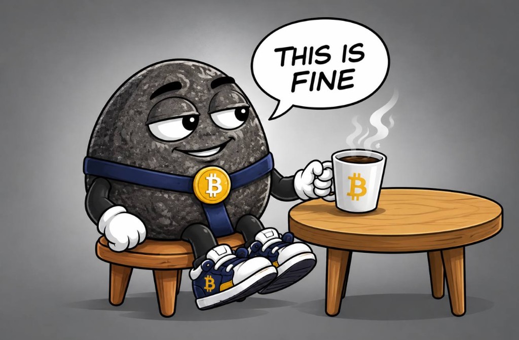 The rock sitting with a Bitcoin coffee mug saying this is fine