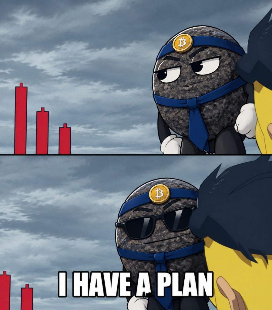 Two-panel meme of the rock staring at a red chart, then putting on sunglasses. Caption: I HAVE A PLANNAN