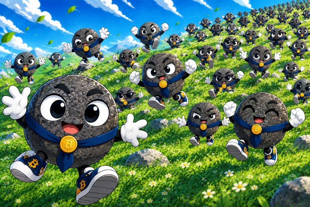 A hillside swarm of waving pet rocks in Bitcoin ties and sneakers