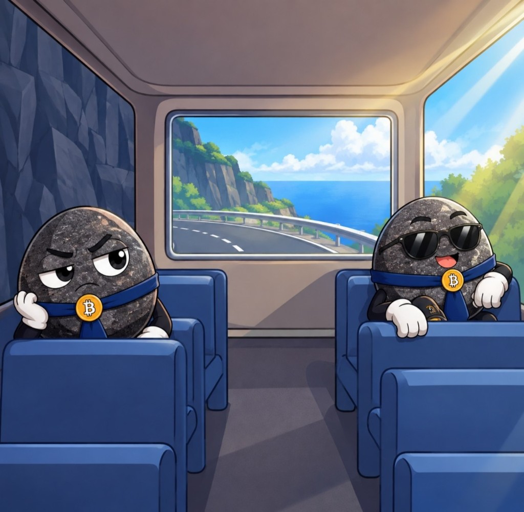 Two rocks on a bus. One worried. One smiling in sunglasses by the window.