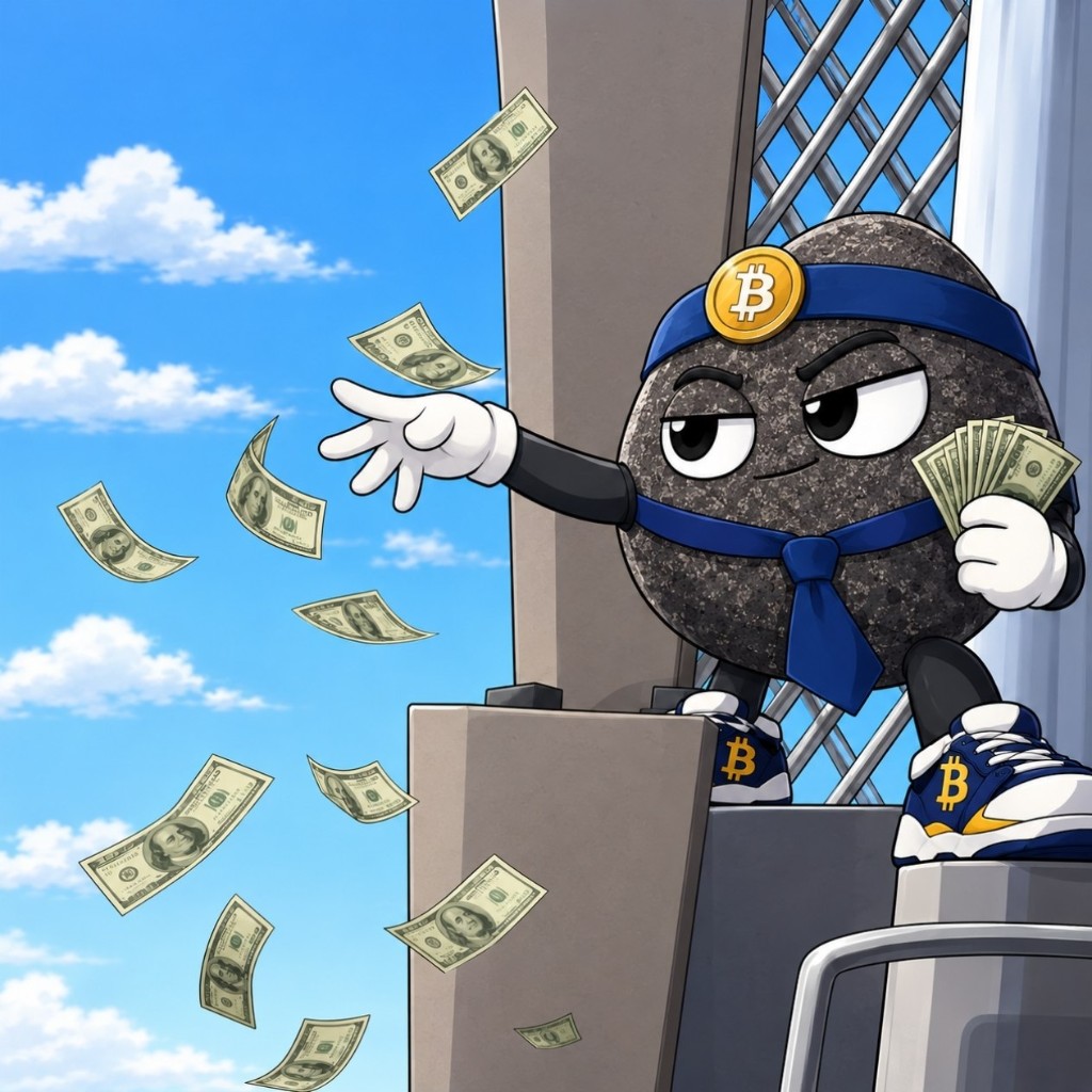 The rock tossing dollar bills off a rooftop while holding a cash stack