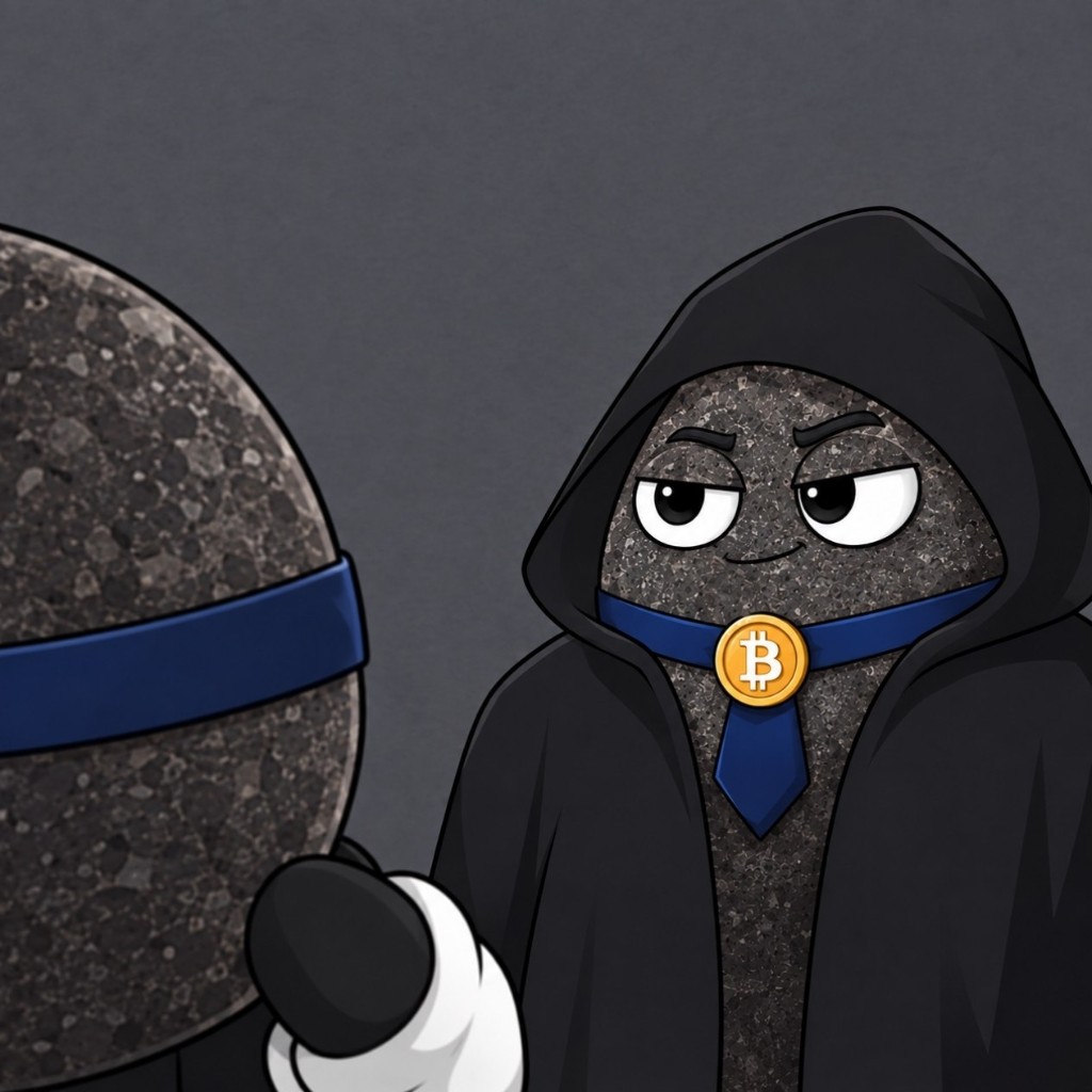 A hooded rock in a Bitcoin tie standing next to a plain rock