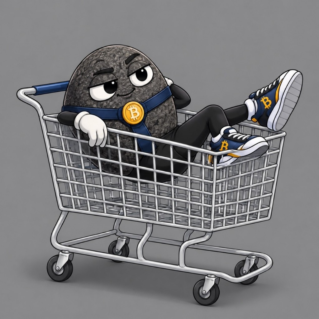 The rock reclining in a shopping cart with Bitcoin sneakers kicked up