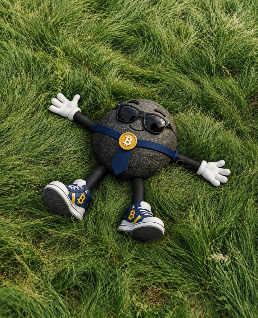 The rock lying on grass with sunglasses, arms out, Bitcoin sneakers on