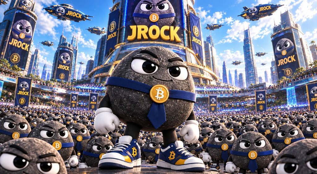 The rock standing in a packed stadium under JROCK screens with a crowd of rocks