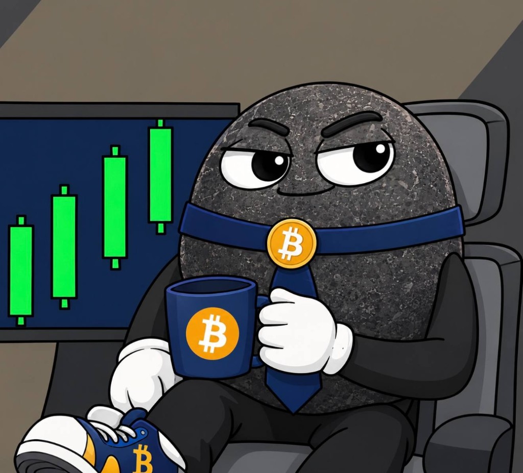 The rock at a trading desk holding a Bitcoin coffee mug in front of green candles