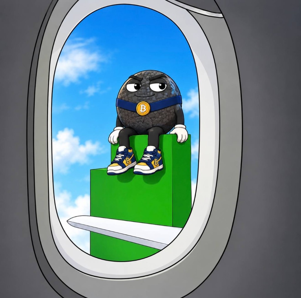 The rock sitting on a green candle seen through an airplane window