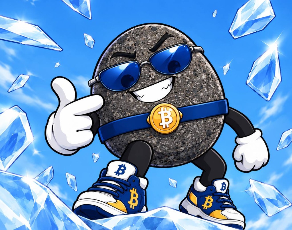 The rock in blue sunglasses giving a thumbs up on a field of ice shards