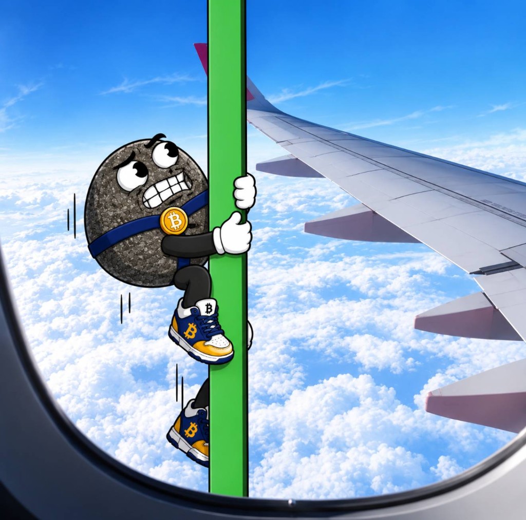 A scared rock clinging to a green pole on an airplane wing above the clouds