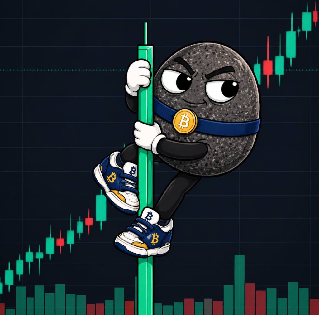 The rock climbing a tall green candlestick on a dark chart