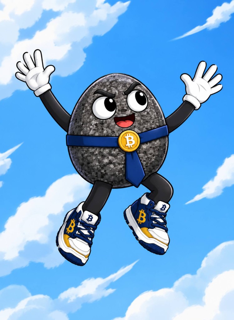 The rock jumping in a blue sky with both hands up