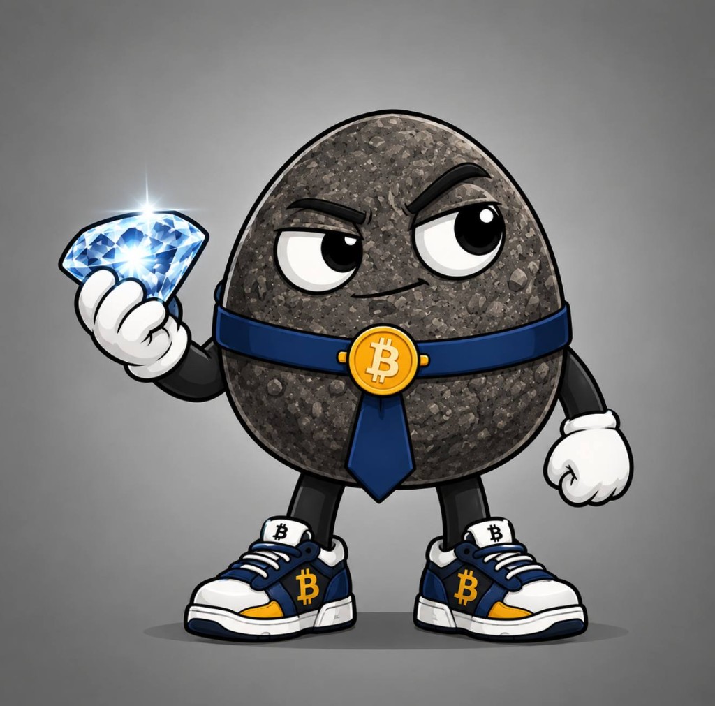 The rock holding up a sparkling diamond in Bitcoin sneakers