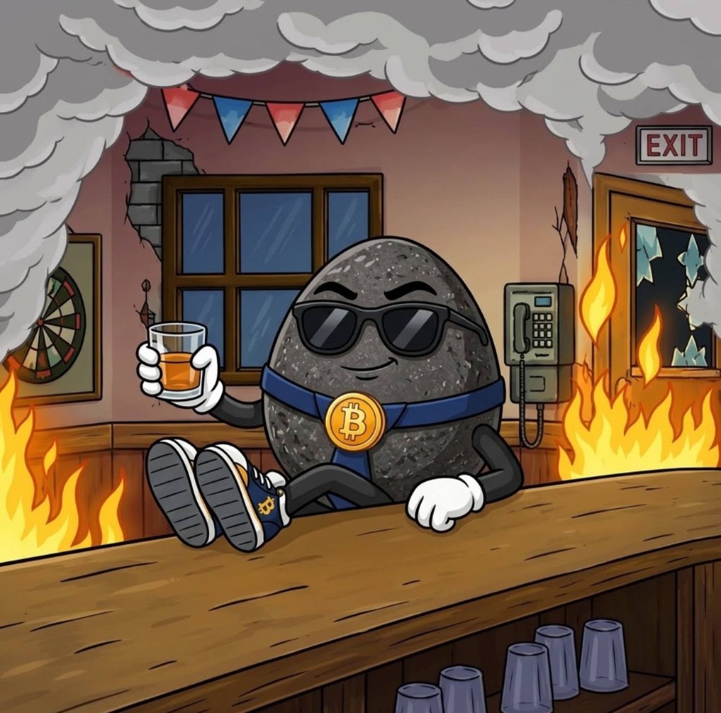 The rock in sunglasses and a Bitcoin tie leaning on a burning bar with a whiskey glass