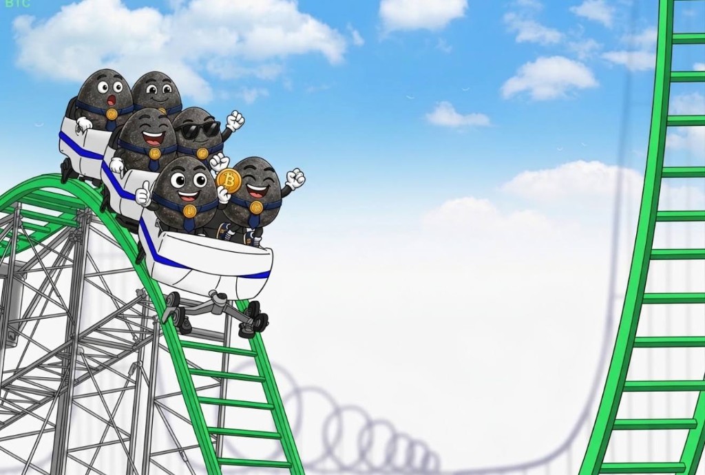 Six pet rocks riding a green roller coaster under a blue sky