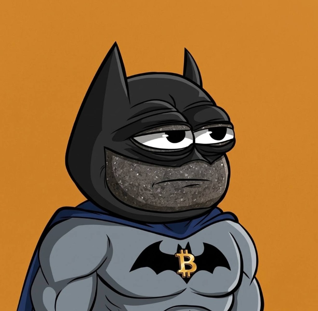 The rock wearing a dark cowl and grey suit with a Bitcoin emblem on the chest