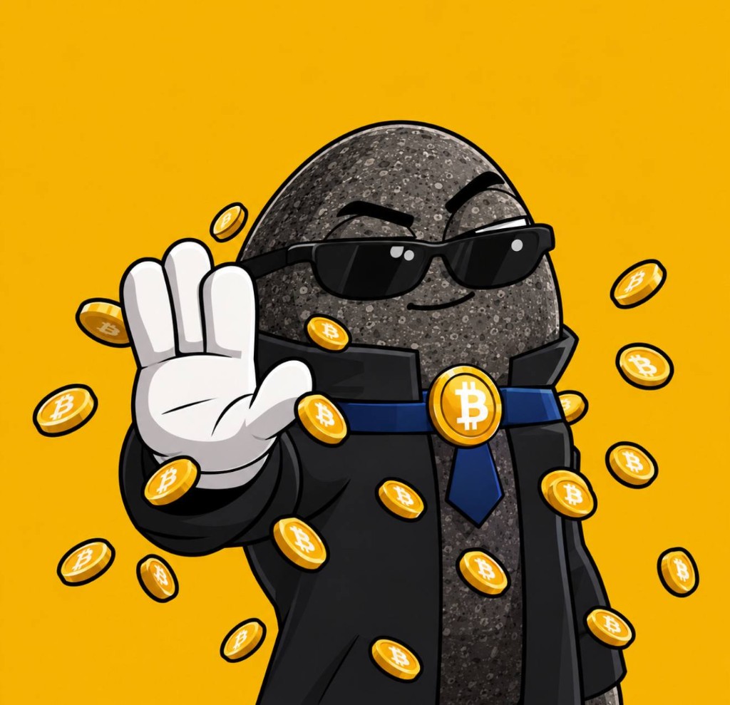 The rock in a black coat and sunglasses holding up one hand while Bitcoin coins freeze in the air