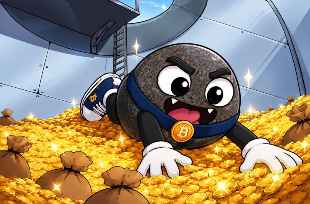 The rock diving through a vault of gold coins and money bags