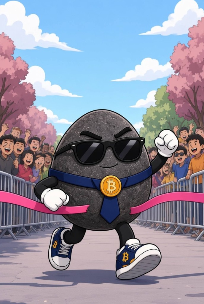 The rock in sunglasses breaking a pink finish tape while a crowd cheers