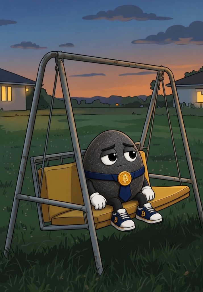 The rock sitting alone on a yellow swing at dusk