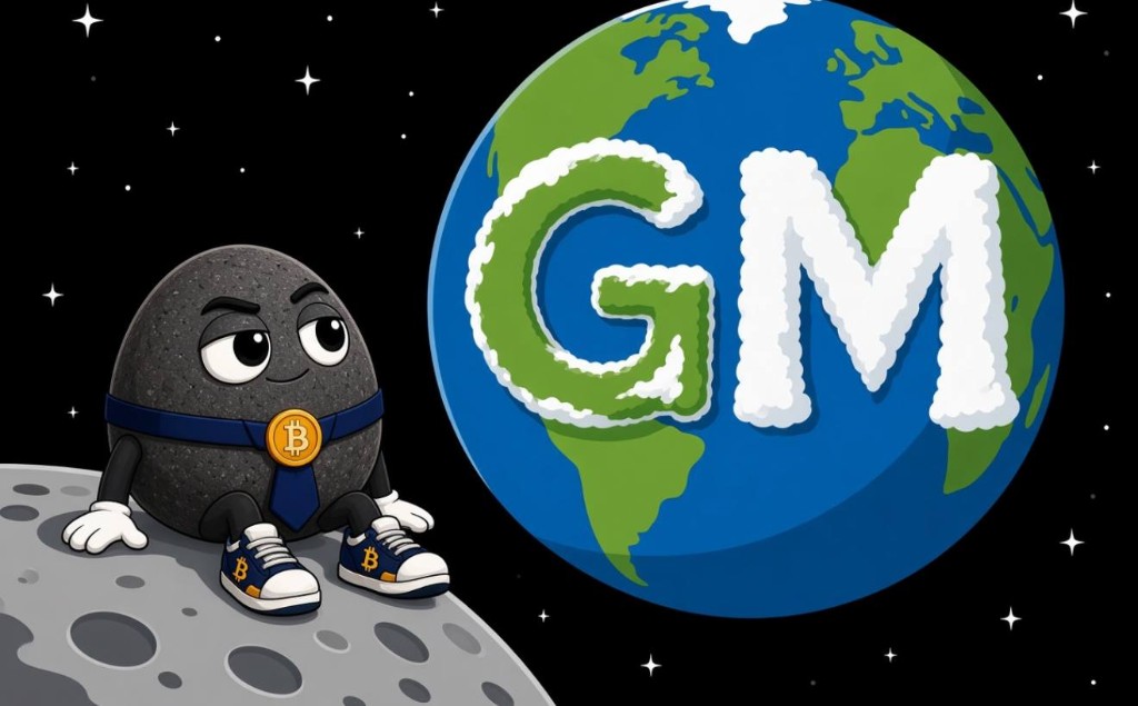 The rock sitting on the moon next to Earth with GM written in clouds