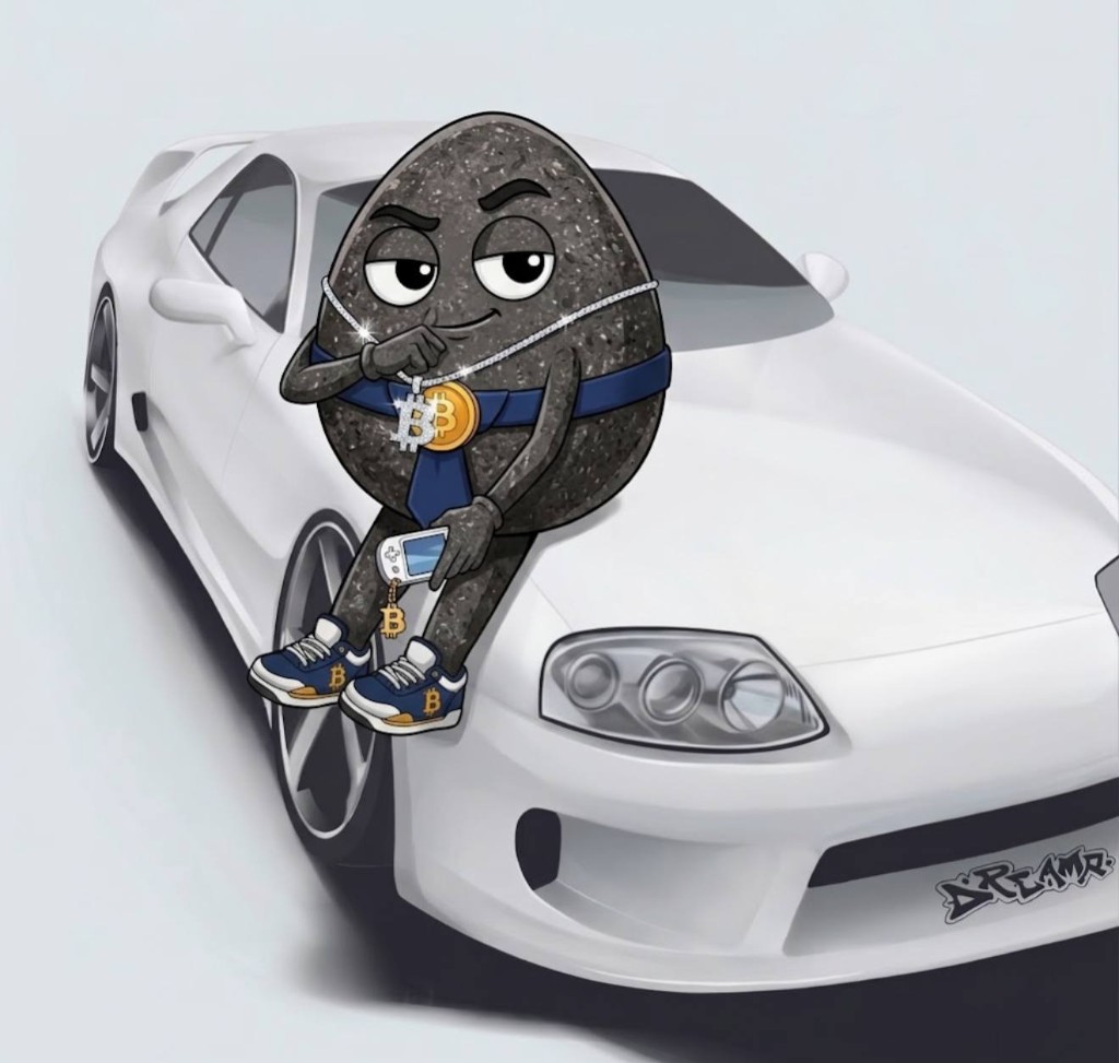 The rock sitting on a white sports car wearing a Bitcoin necklace