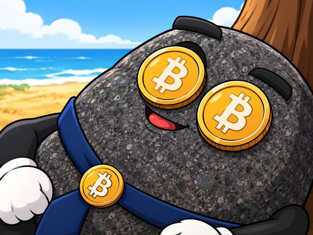 The rock on a beach wearing Bitcoin coins as sunglasses