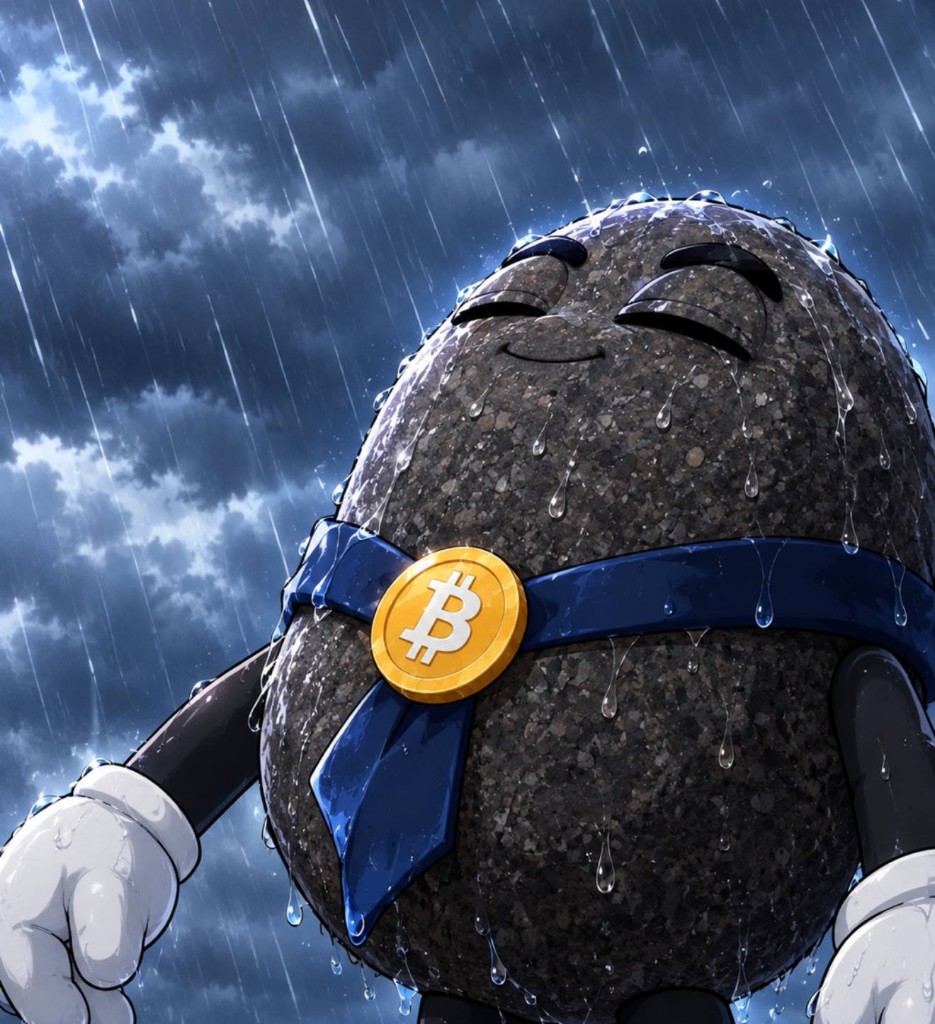 The rock standing in the rain with closed eyes and a small smile