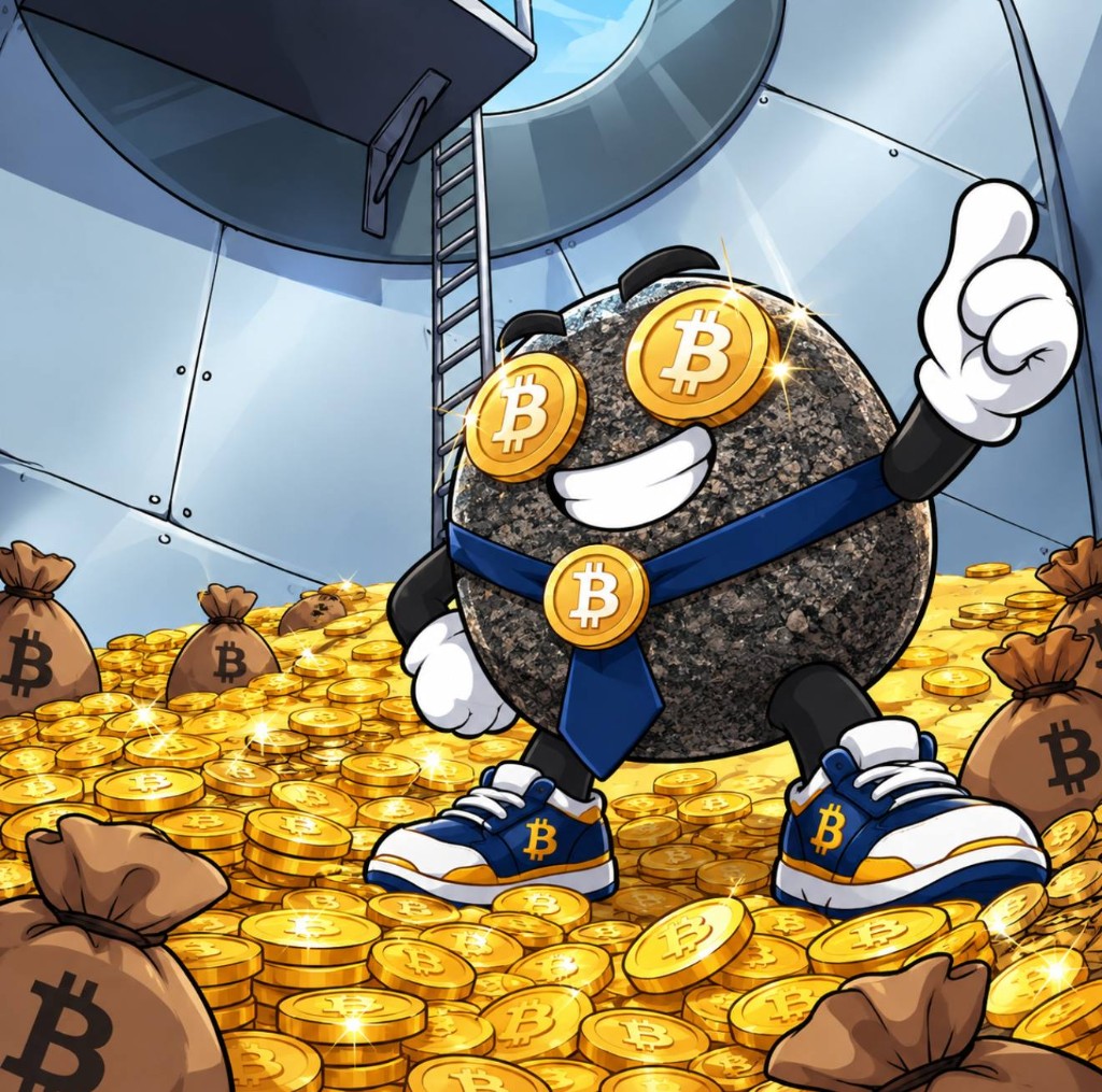 The rock standing in a vault of gold coins with Bitcoin coins for eyes